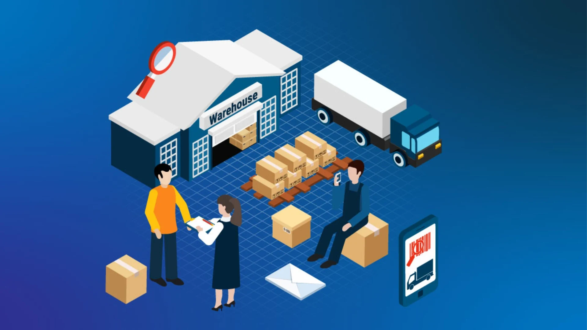 SAP EWM Training in Hyderabad visual showing warehouse operations, inventory, logistics, and barcode scanning in a digital supply chain.