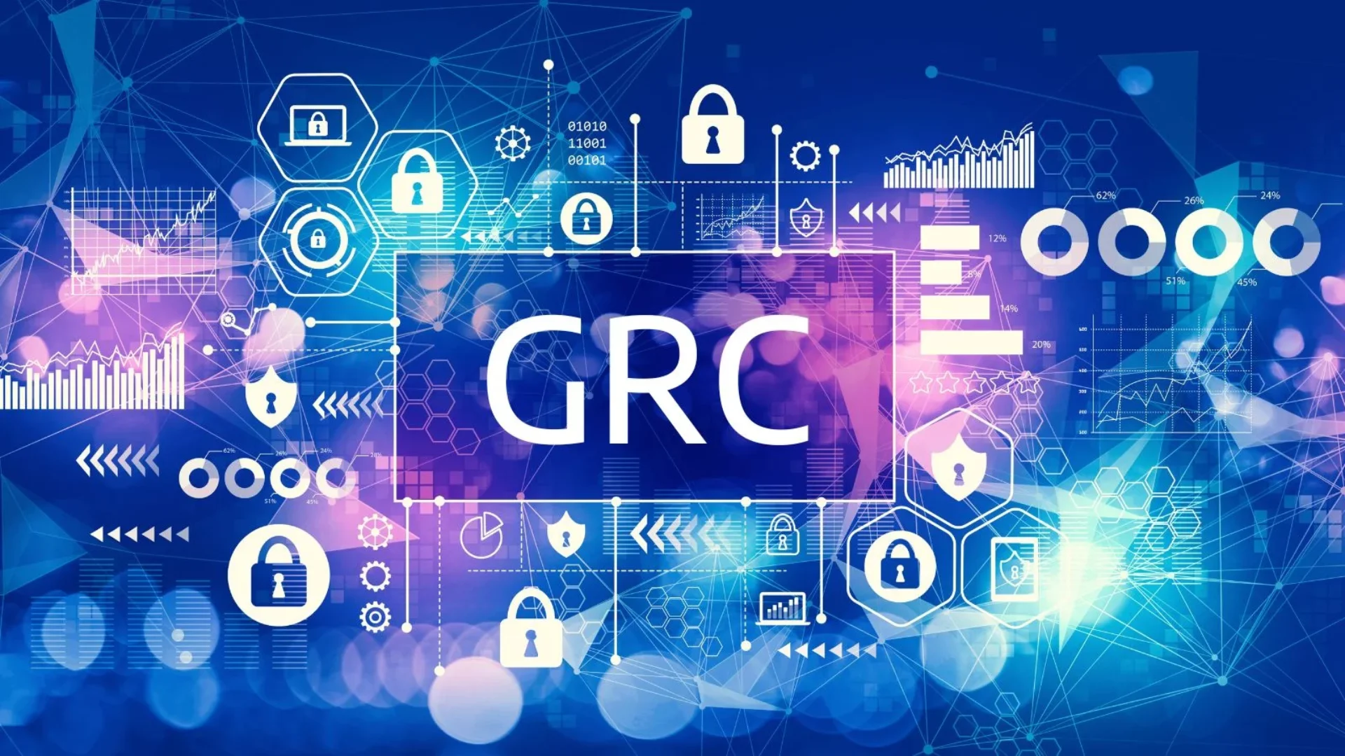 Illustration showing SAP GRC Security with data analytics, padlocks, graphs, and cyber protection icons on a digital blue background.
