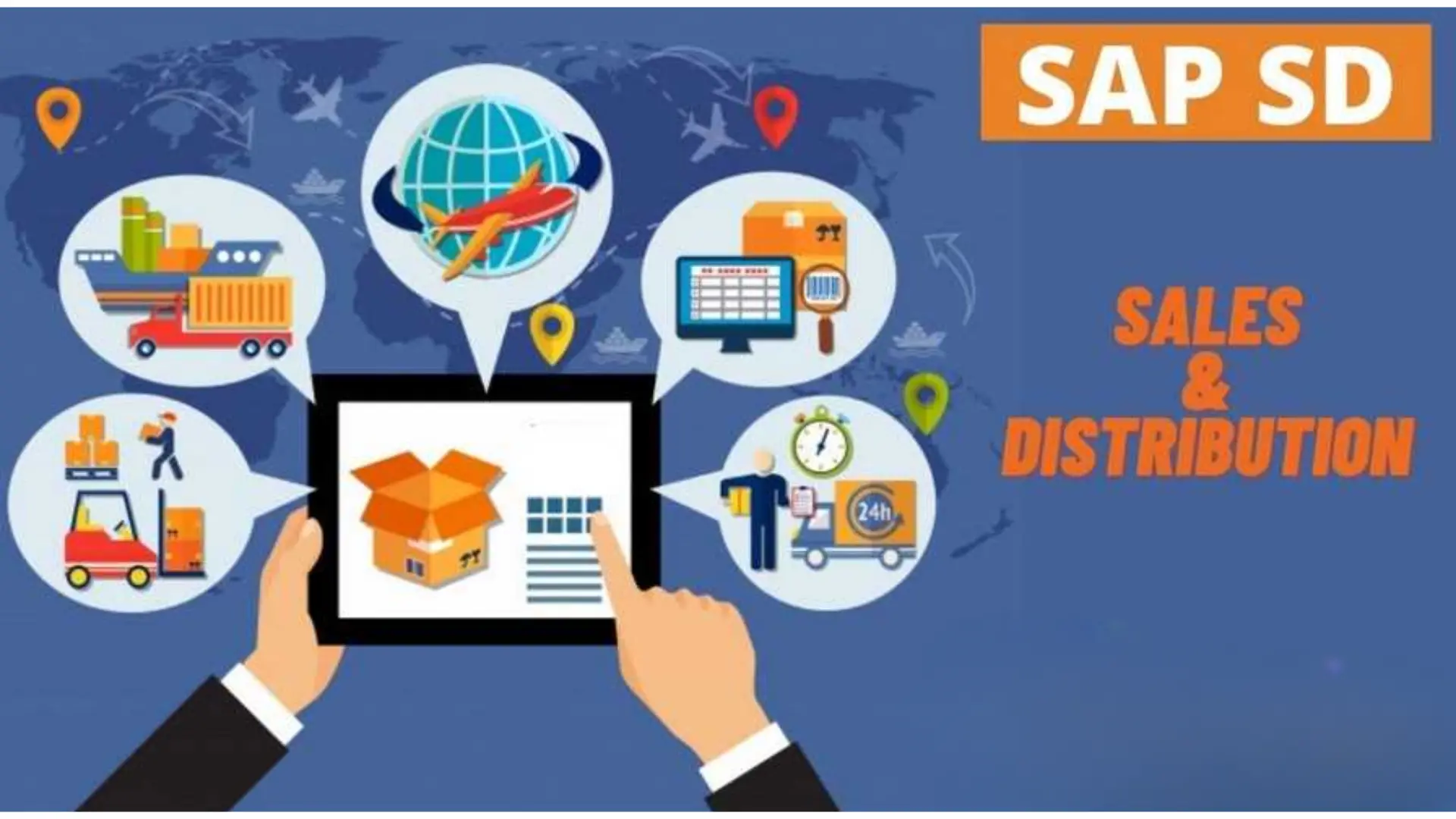 Illustration of SAP SD (Sales and Distribution) training process including logistics, delivery, invoicing, and global sales modules for SAP SD Training in Hyderabad.