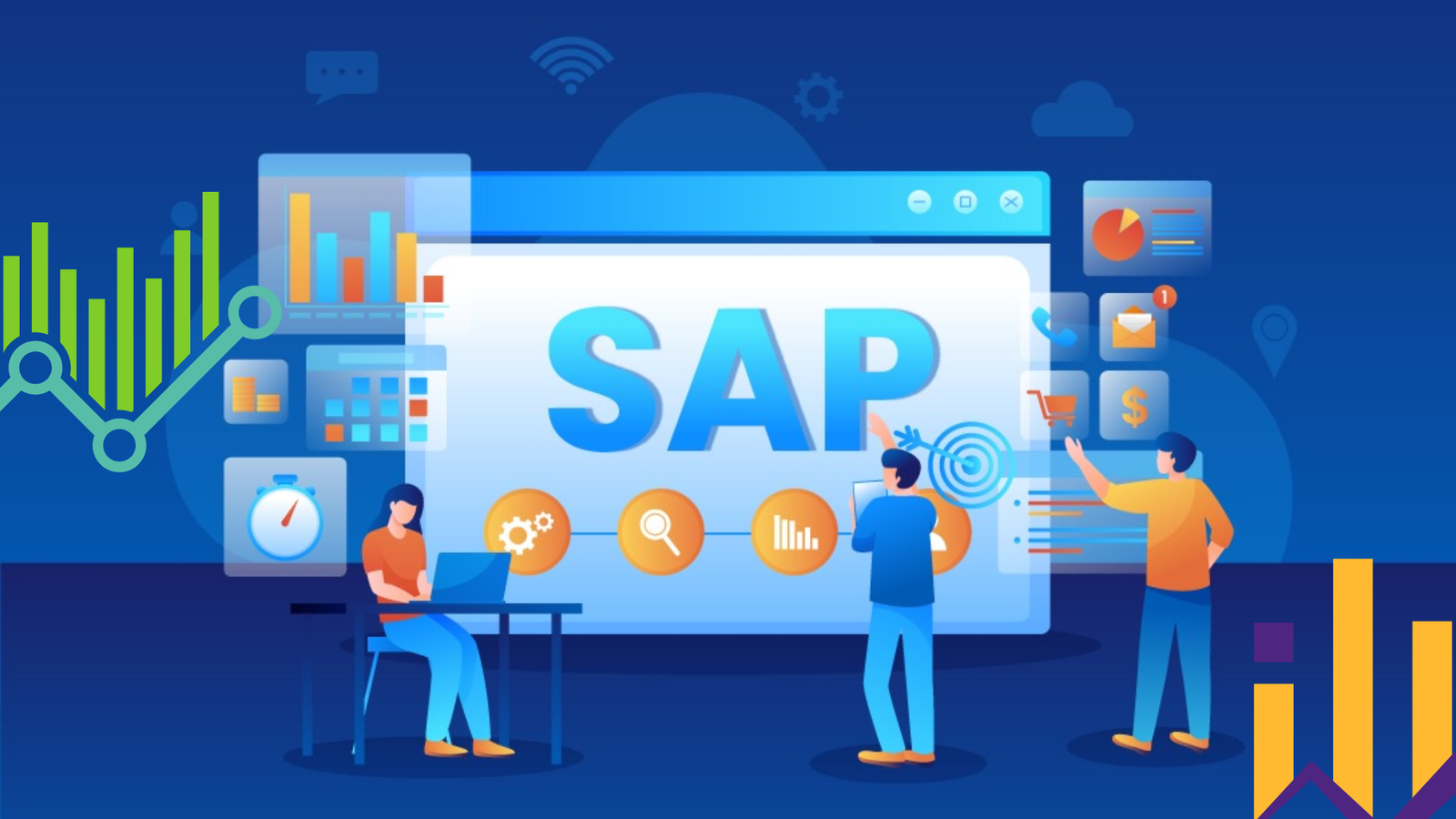 People working on SAP interface with graphs, analytics, and financial icons – representing SAP FICO Training in Hyderabad.